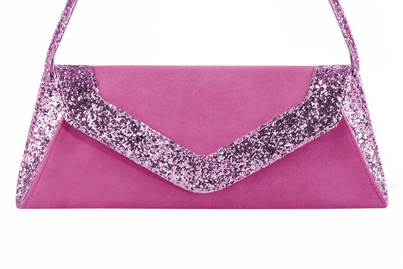 Women's shocking pink and hot pink luxurious elegant clutch for ceremonies, weddings and evenings out. - Profile view